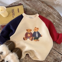 Kids' Fleece-Lined Cartoon Bear Sweater - Autumn/Winter Pullover with Contrast Colors