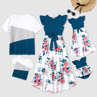 Family Matching Outfits: Solid V-Neck Floral Dresses and Colorblock T-Shirts with Short Sleeves.
