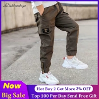 Korean-style Kids Cargo Pants with Multi-Pockets and Elastic Waistband.