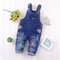 Boy's Bear Patterned Strap Denim Romper for Spring and Autumn