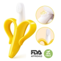 BPA-Free Baby Teether Toy: Banana Silicone Teething Ring with Toothbrush and Nursing Beads, Safe for Toddlers and Infants.