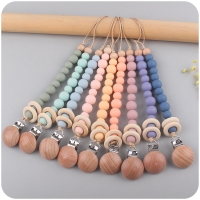 Silicone Bead & Wooden Ring Baby Pacifier Holder Clip