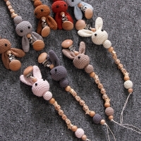 Crochet Bunny Pacifier Clip with Wooden Beads - BPA-free Soother Chain for Babies