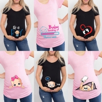 Summer Funny Cartoon Print Maternity Pink Clothing Plus-Size Short Sleeve Pregnant T-Shirt Tops Women Hot Sale T-Shirts