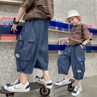 Children's clothing boy jeans summer thin fashion mid-size pants children's  pocket design cropped pants 5-15 years old