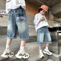Boys Shorts 2025 New Summer Jeans Pants Summer Fashion Boys Denim Mid-Pants Back Bag Letter Printed Cropped Pants 5-15 years old