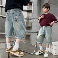 Boys summer mid-trousers summer fashionable boys denim mid-trousers children's back pocket   pattern cropped pants 5-15 years ol