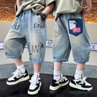 Boys summer shorts 2025 new product summer jeans fashion boy ripped denim mid-trousers back pocket  printed cropped pants 5-15 y