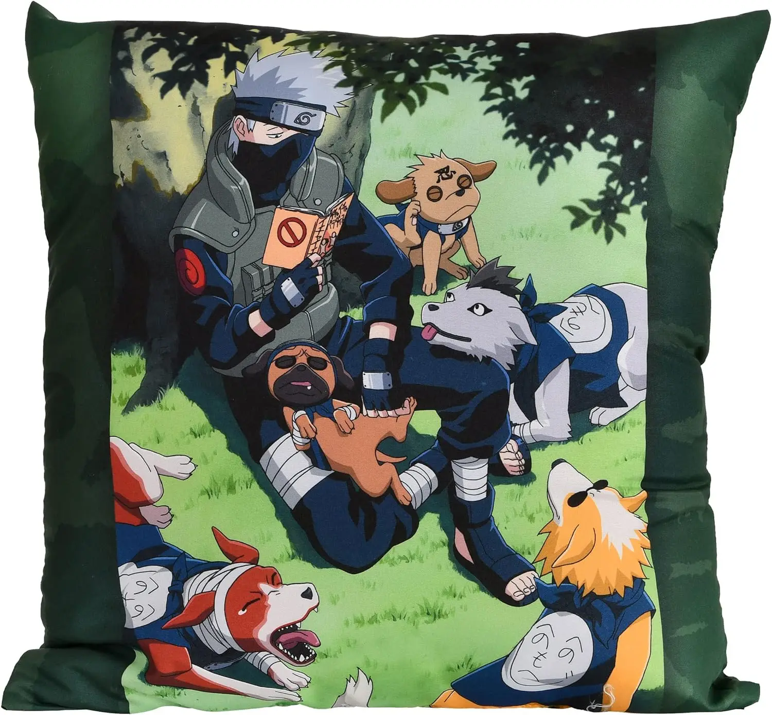 Elbenwald Naruto Pillow with Kakashi and Ninken Motif for Anime Fans Men Ladies Unisex 45 X 45 Cm Green