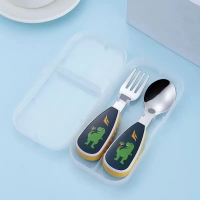 2Pcs Toddler Utensils Cute Toddler Feeding Spoon And Fork Set Stainless Steel Innovative Cartoon Dinosaur Short Handle Utensil